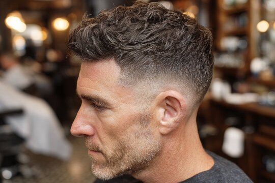 Man with a fresh fade haircut and textured hair styled in a professional barbershop
