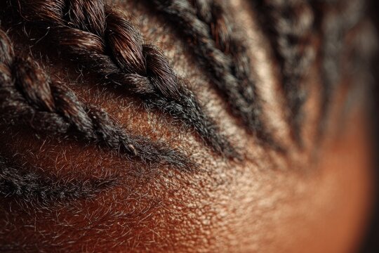 Braided hair creating a textured pattern on the scalp of a person with dark skin