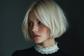 Young blonde woman with bob haircut wearing a white lace collar