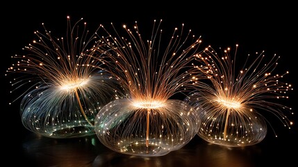 Three glowing glass pods radiating vibrant colorful lights, luminous orbs emitting bright sparks and beams against a dark background, futuristic technology concept