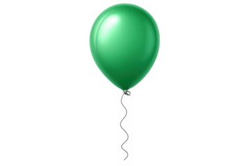 Green glossy party balloon floating with ribbon, celebrating birthday, anniversary, or special event, transparent background