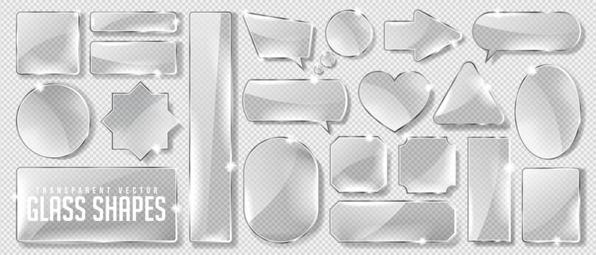 Realistic 3d transparent glass banner, frame, geometric pattern and hologram icon set with rainbow light. Crystal plastic mirror symbol of star, arrow, heart and speech bubble with holographic texture