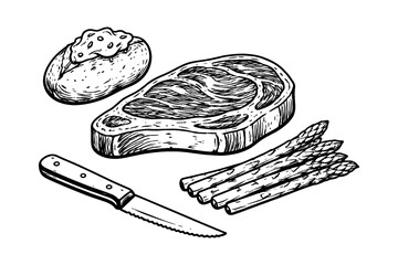 Hand drawn ribeye steak with asparagus and baked potato on white background