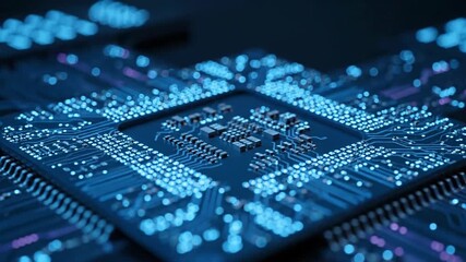 Advanced Microchip Circuit Board With Glowing Blue Lines Representing High Speed Computing and Semiconductor Technology