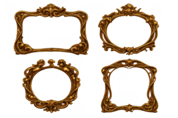 Ornate gold vintage frames collection with baroque, rococo, and art nouveau styles, elegant decorative borders on transparent background