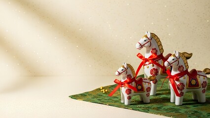 Three decorative white horse figurines with red ribbons and gold accents on a green mat.
