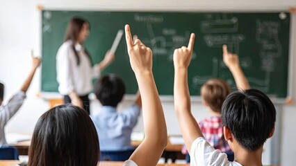Engaged students raise their hands in a bright classroom while a teacher leads the lesson at the green
