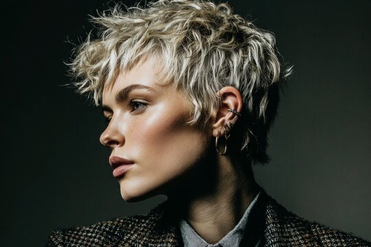 Woman with profile view and blonde short hair wearing earrings, portraying an edgy style