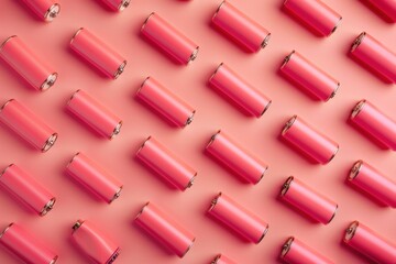 Multiple pink batteries arranged diagonally on a pink background, creating a visually appealing and organized pattern