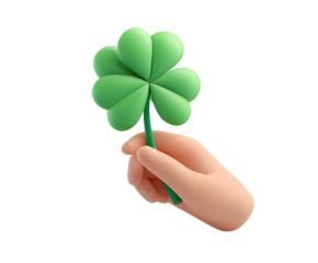 A hand gently holding a vibrant stylized four leaf clover illustration