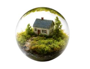 A quaint house and lush greenery encased within a transparent sphere