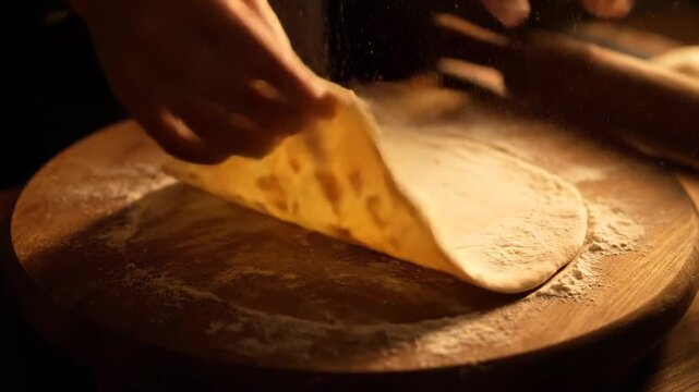 Rolling dough for fresh Indian flatbread Roti Chapati preparation