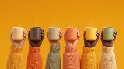 Social and lifestyle concept, multiple arms raised holding coffee cups, symbolizing community, shared moments, and casual interaction over drinks.