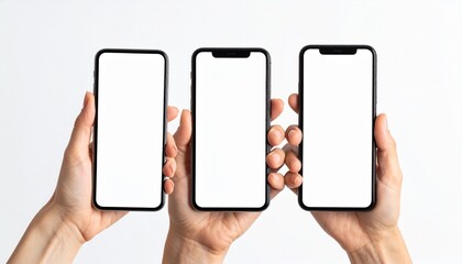 Three blank screen smartphones held by hands isolated on a white background, perfect for mockup or graphic design purposes