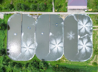 Sustainable wastewater treatment plant supporting clean water and environmental protection, aerial