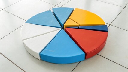A colorful, segmented pie chart model is displayed on tiled flooring, emphasizing data representation and visual learning.