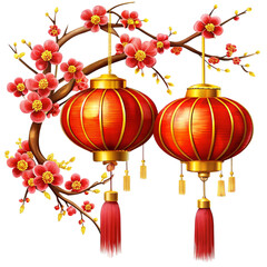 Two red chinese lanterns hanging from a branch of a flowering tree with red blossoms