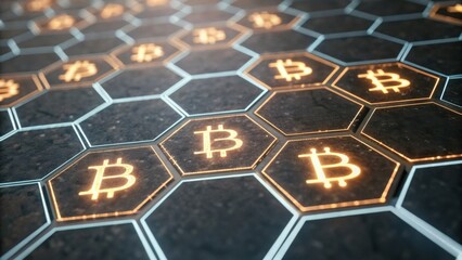 A close-up view of illuminated hexagonal tiles featuring the Bitcoin symbol, set against a dark background, representing cryptocurrency and digital finance.