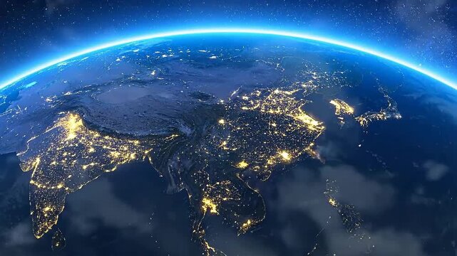 Satellite view of a continent at night showing city lights and atmospheric glow.