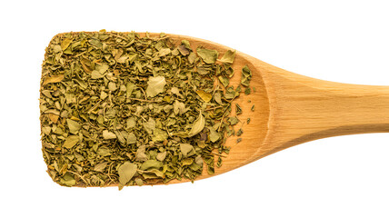 Wooden spoon with dried herbs isolated on transparent background, isolated on white background © A2ZDesign