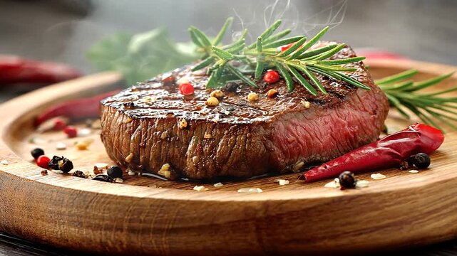 Delicious grilled steak with rosemary and pepper on a wooden plate, ready to serve.
