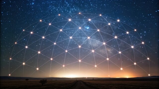 A stunning night sky filled with stars, interconnected by a geometric network of lights, creates a mesmerizing celestial dome over a tranquil landscape.