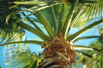 Obraz premium Green palm fronds reaching for the sky on a sunny day, creating a tropical and vibrant scene