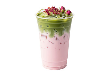rose matcha latte in a plastic cup with ice and rose garnish, isolated cutout
