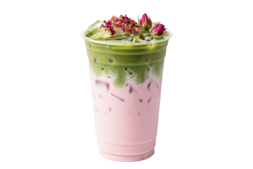 rose matcha latte in a plastic cup with ice and rose garnish, isolated cutout