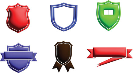 Versatile Set of Modern 3D Shield and Ribbon Banner Icons in Multiple Colors, Elegant Decorative Graphic Elements for Awards Security and Branding Isolated on Transparent Background AI Generative
