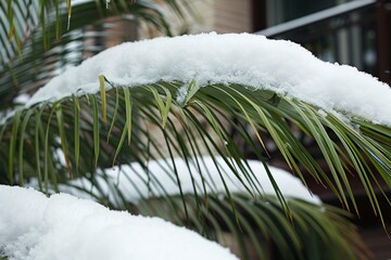 Fresh snow accumulating on palm tree leaves during a winter storm, creating a striking contrast between tropical foliage and winter weather