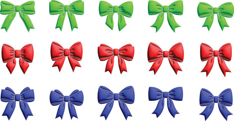 Set of 15 Vibrant 3D Stylized Gift Bow Icons in Green Red and Blue, Modern Glossy Ribbon Elements for Festive Wrapping and Holiday Design Projects Isolated on Transparent Background AI Generative
