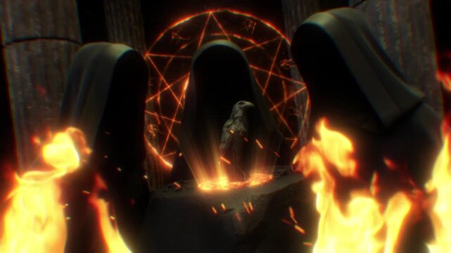 Three mysterious hooded figures wearing long robes are sat around a stone altar in a dark temple.
