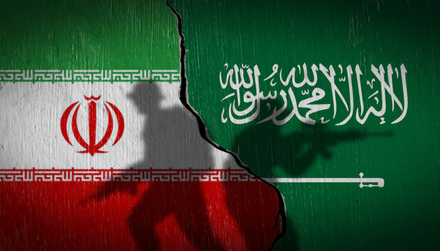 National flags of Saudi Arabia and Iran on a cracked wall with soldier silhouettes. Concept of Middle East tension and rivalry.