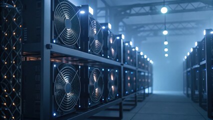 A dimly lit server room filled with rows of computer units, featuring large cooling fans and illuminated components, suggesting a high-tech environment.
