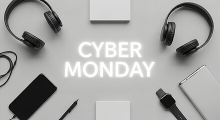 Minimalist white neon "Cyber Monday" text on a clean, bright studio background.