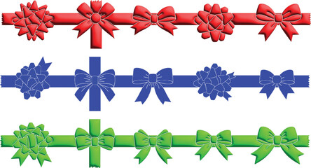 Versatile Set of 3D Red Blue and Green Gift Ribbon Banners with Various Bow Styles, Modern Decorative Elements for Festive Celebrations and Branding Isolated on Transparent Background AI Generative
