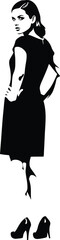 Elegant High-Contrast Monochrome Silhouette of a Woman in a Black Dress Looking Back, Minimalist Modern Vector Graphic Illustration with High Heels Isolated on Transparent Background AI Generative
