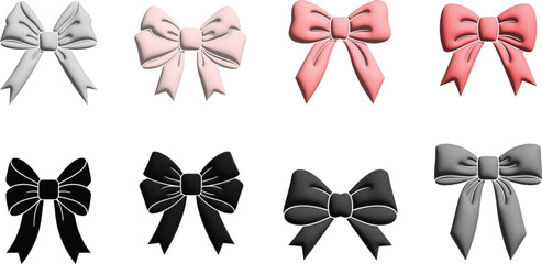 Collection of 8 Stylized 3D Decorative Gift Bow Icons in Neutral and Pink Tones, Modern Minimalist Ribbon Elements for Festive Wrapping and Design Projects Isolated on Transparent Background AI Genera