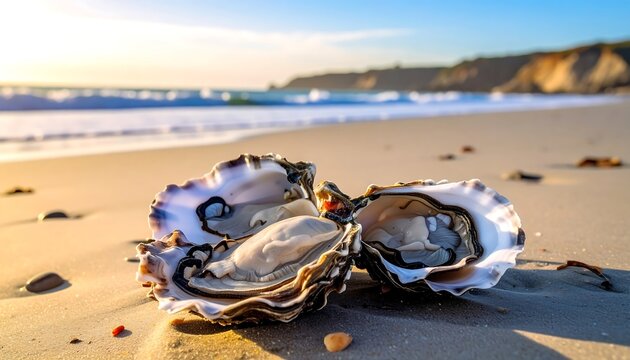 Oyster Shells on a Sandy Beach with Ocean Waves in the Background.