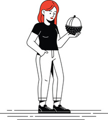 Minimalist Line Art Illustration of a Young Woman with Vibrant Red Hair Holding a Peeled Exotic Lychee Fruit, Modern Clean Vector Graphic Design for Lifestyle and Healthy Food Branding AI Generative

