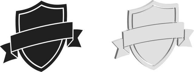 Set of 3D and Flat Shield Icons with Elegant Ribbon Banners in Black and Silver, Professional Security and Award Emblems for Corporate Branding Isolated on Transparent Background AI Generative
