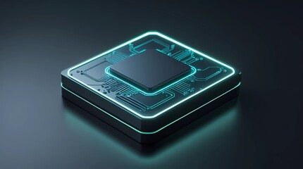 Macro shot of a single glowing microchip core with neon cyan circuit patterns on a dark reflective surface with copy space.