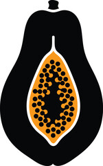 Minimalist Stylized Black Papaya Silhouette with Vibrant Orange Internal Pulp and Detailed Black Seeds, Modern Tropical Fruit Graphic Isolated on Transparent Background for Branding AI Generative
