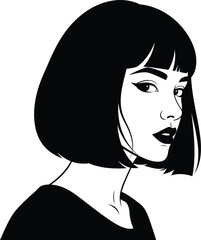 Elegant High-Contrast Monochrome Portrait of a Woman with a Stylish Bob Haircut and Bangs, Minimalist Modern Vector Graphic Illustration Isolated on Transparent Background for Design AI Generative
