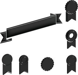 Set of Modern 3D Black Ribbon Banners and Badge Medal Icons with Glossy Metallic Texture, Elegant Decorative Award Elements Isolated on Transparent Background for Branding and Design AI Generative
