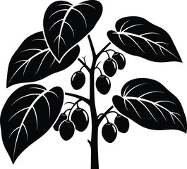 Minimalist Black Coffee Branch Silhouette with Large Heart-Shaped Leaves and Oval Berries, Modern Stylized Plant Graphic Isolated on Transparent Background for Nature and Food Design AI Generative
