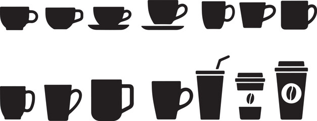 Collection of black coffee mug silhouettes in various shapes and sizes for drinks, presented as a minimalist graphic icon set for cafe and beverage concepts.