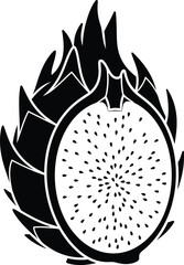 Minimalist Black Dragon Fruit Silhouette Graphic with Detailed Scales and Seeded Pulp Cross-Section, Modern Stylized Exotic Pitaya Icon Isolated on Transparent Background AI Generative
