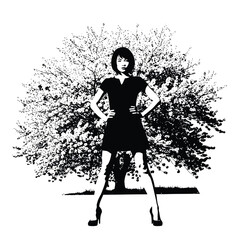 Confident Woman in Black Dress Standing Proudly Before a Detailed Tree, High Contrast Minimalist Monochrome Silhouette Vector Illustration Graphic Isolated on Transparent Background AI Generative
